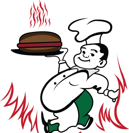 The Flameburger mascot — a chef carrying a flame-broiled burger over an open flame